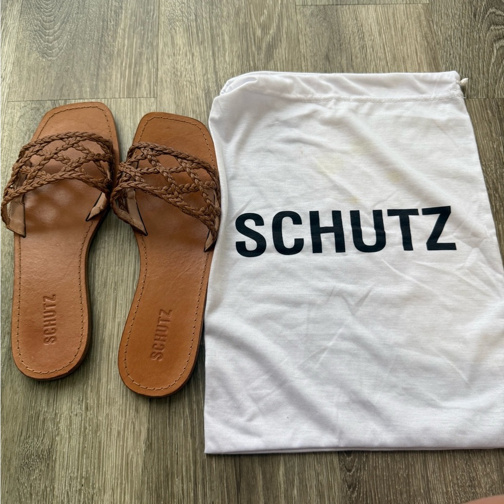 SCHUTZ Tan Braided Slide Sandals